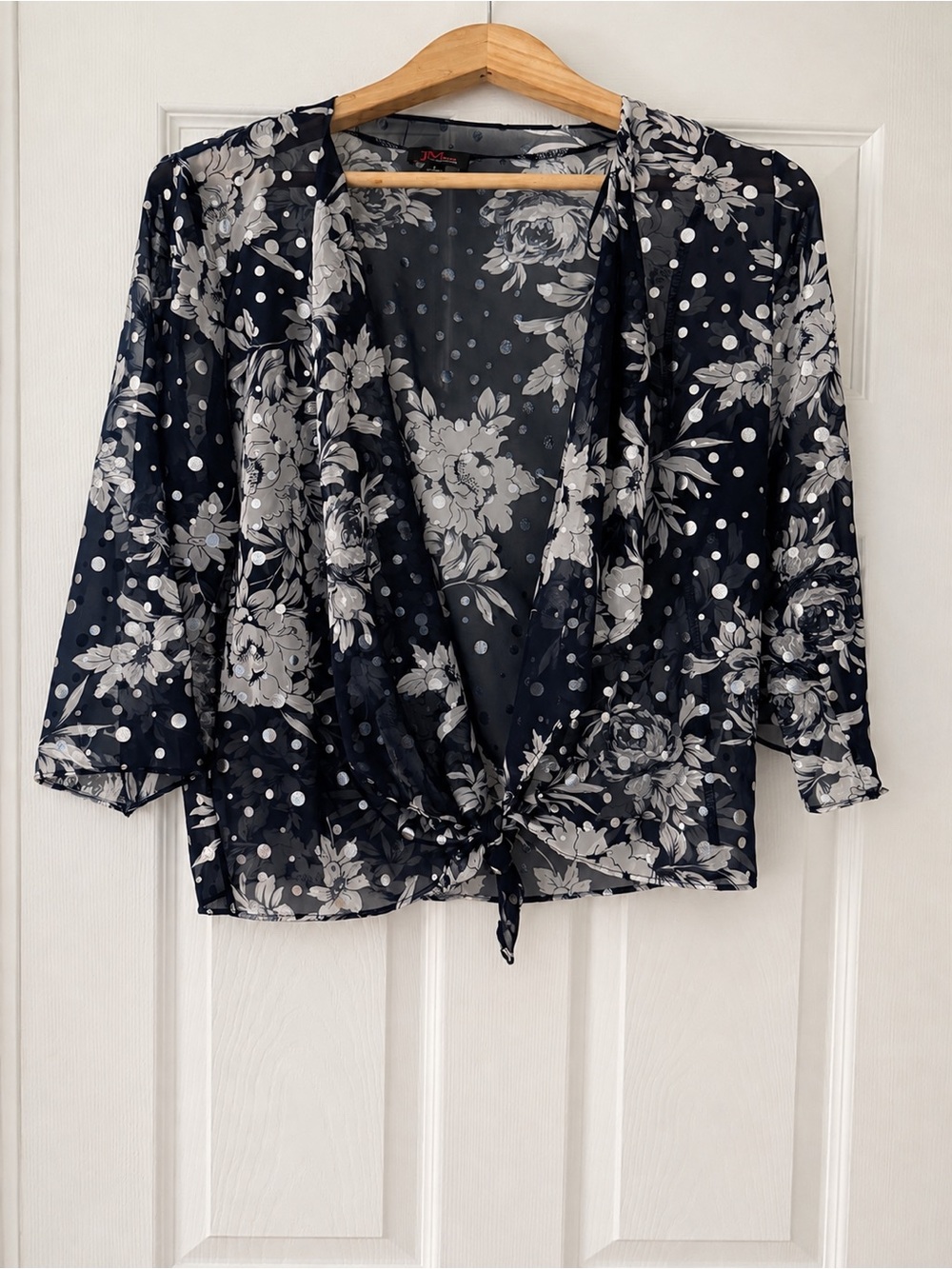 JM Studio John Meyer Women’s Small Sheer Floral Metallic Polka Dot Tie Front Top